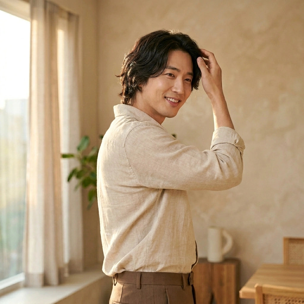 Man with dark hair in warm daylight